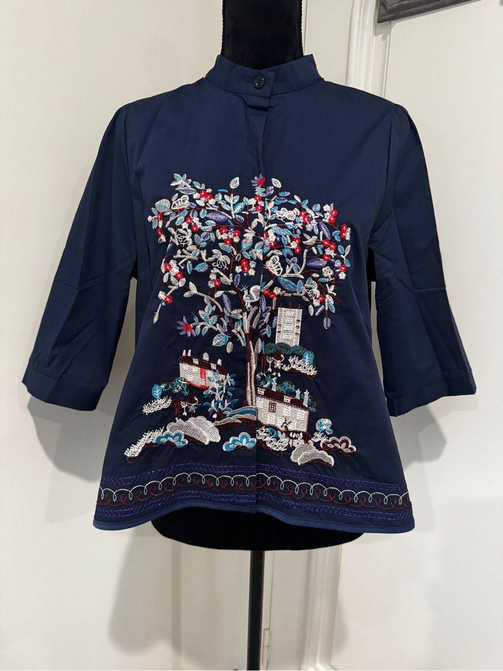 Navy Embroidered Tree Motif Women's Blouse - Mandarin Collar